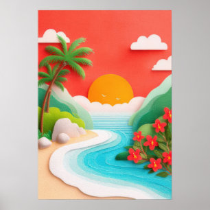 Póster Escena de playa tropical con palmeras e hibiscos