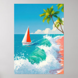 Póster escena de playa tropical con veleros y olas