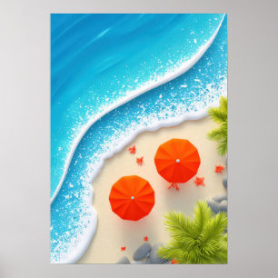 Póster escena de playa veraniega con paraguas naranjas y