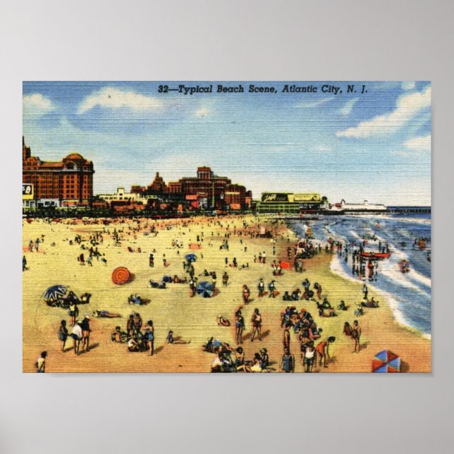 Póster Escena de playa, Vintage de Atlantic City (Frente)