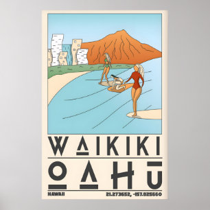 Póster Escena de playa y surf de Waikīkī