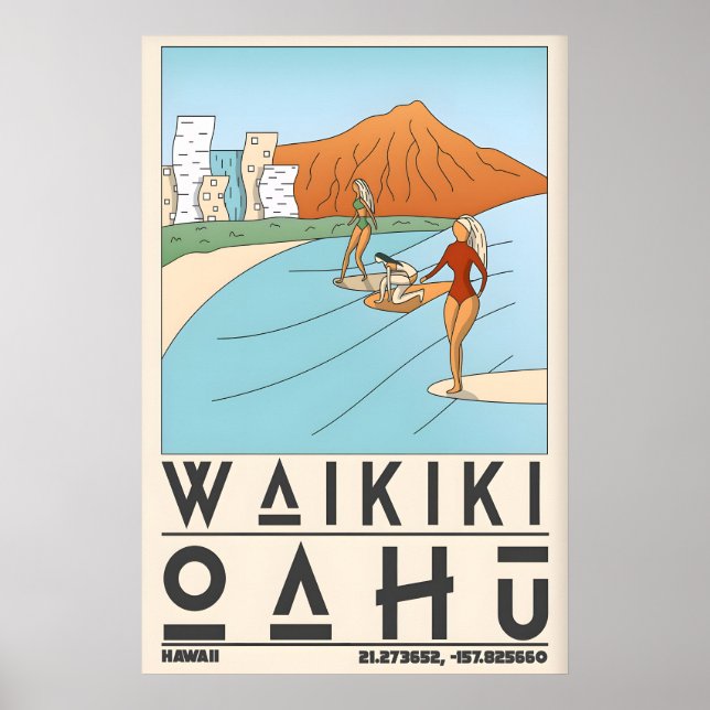 Póster Escena de playa y surf de Waikīkī (Frente)