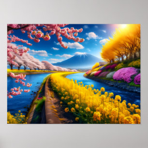 Póster Escena de primavera con flores de cerezo y montaña