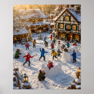 Póster Escena de pueblo en miniatura de pelea de bolas de