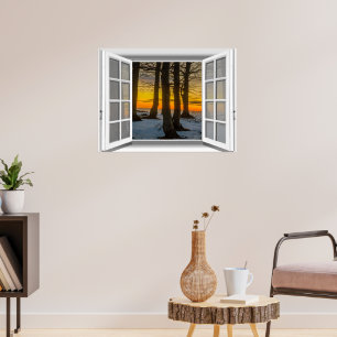 Póster Escena de puesta de sol Vista de ventana falsa 3D