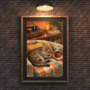 Póster Escena de vinilo de gato acogedor y café, Tabby du