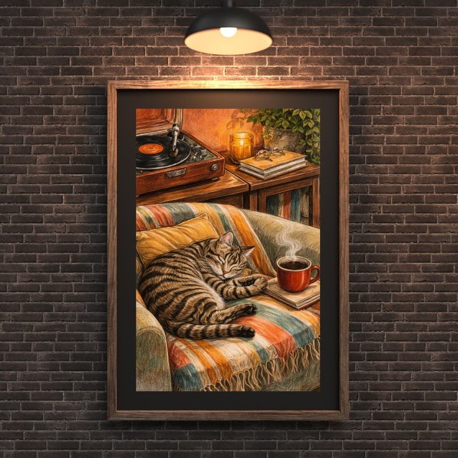 Póster Escena de vinilo de gato acogedor y café, Tabby du (Subido por el creador)