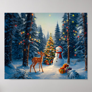 Póster Escena del árbol de Navidad Ciervo cervatillo muñe