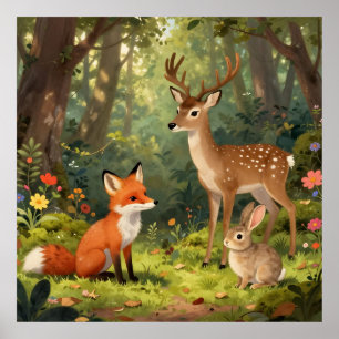 Póster Escena del bosque de animales lindos del bosque
