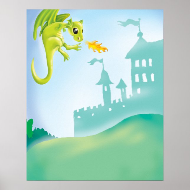 Póster escena del dragón de fuego y del castillo (Frente)