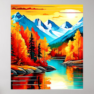 Póster Escena del lago de la montaña del otoño