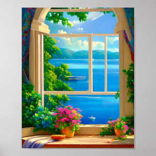 Póster Escena del lago junto a la ventana Paisaje Impresi