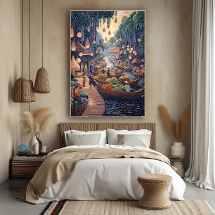 Póster Escena del Mercado Flotante en Estilo Puntillista