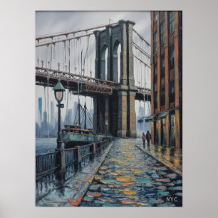 Póster Escena del paseo marítimo de NYC Brooklyn Bridge e
