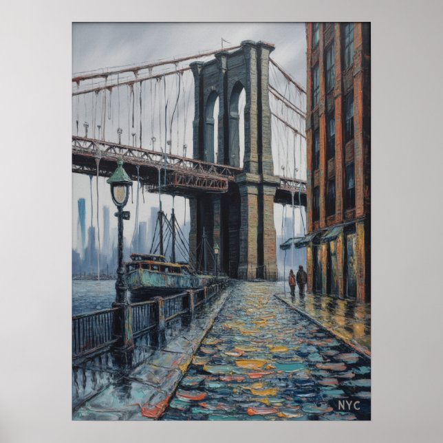 Póster Escena del paseo marítimo de NYC Brooklyn Bridge e (Frente)