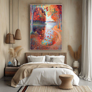 Póster Escena del río Otoño en estilo puntillista