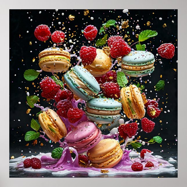 Póster Escena dinámica de macarones en una explosión de c (Frente)