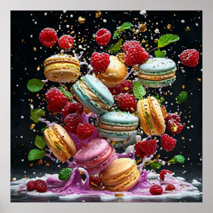 Póster Escena dinámica de macarons en una explosión de co