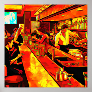 Póster Escena Divertida de Bar Barman y Clientes