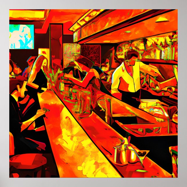 Póster Escena Divertida de Bar | Barman y Clientes (Frente)