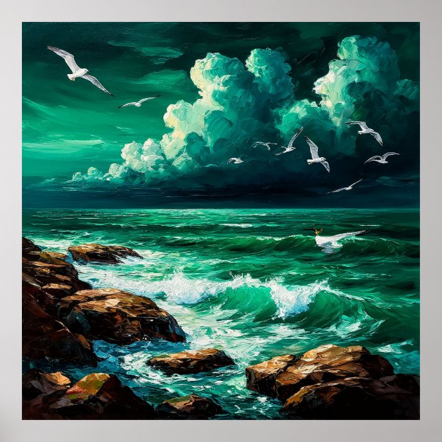 Póster Escena dramática del océano con gaviotas y olas (Frente)