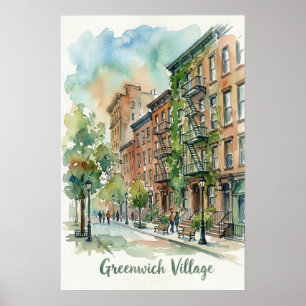 Póster Escena en acuarela del Village de Greenwich Manhat