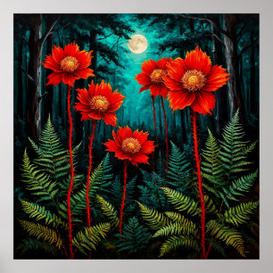 Póster Escena encantadora del bosque Flores rojas vibrant