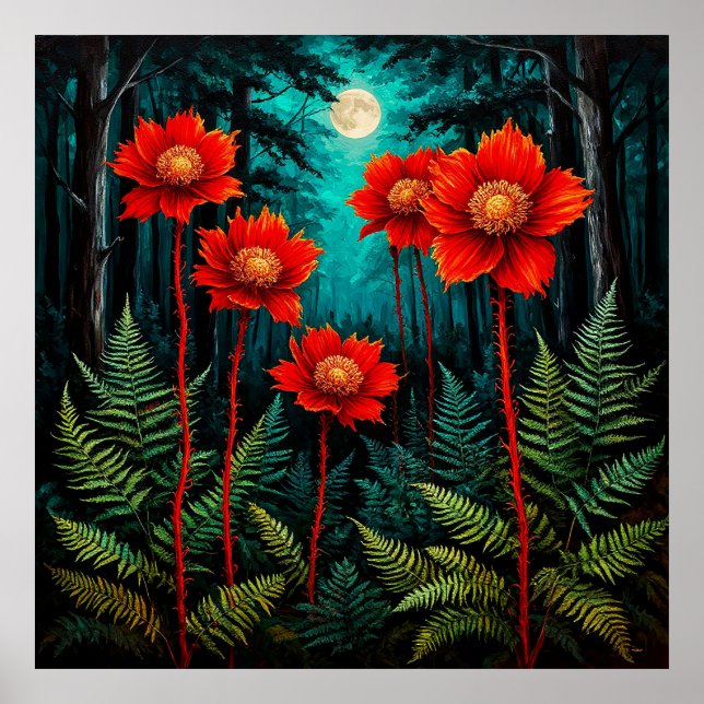 Póster Escena encantadora del bosque Flores rojas vibrant (Frente)