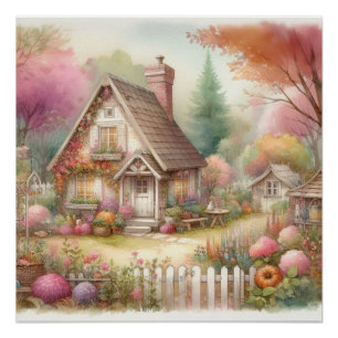 Póster Escena floral de cabaña rústica de campo acuarela