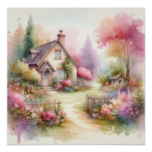 Póster Escena floral de cabaña rústica de campo en acuare