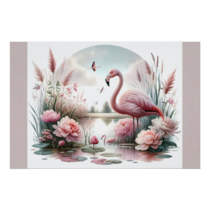 Póster Escena floral de flamenco en estanque pastel