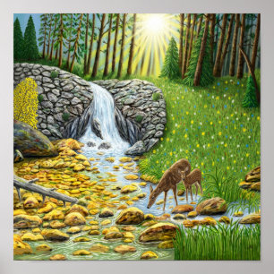 Póster Escena forestal al amanecer brillante