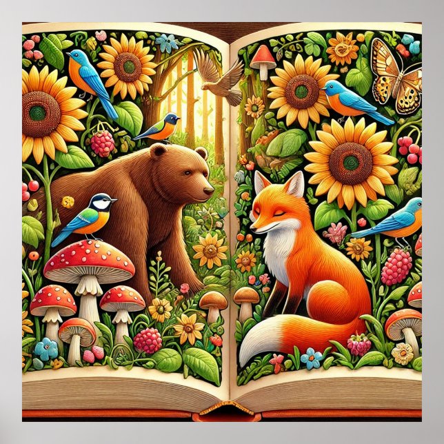 Póster Escena Forestal Con Oso, Fox, Sunflowers (Frente)