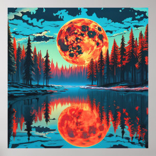 Póster Escena forestal con reflejo lunar surrealista