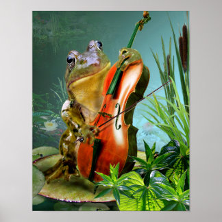 Póster Escena humorística tocando violonchelo en estanque
