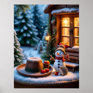 Póster Escena invernal acogedora con muñeco de nieve y er