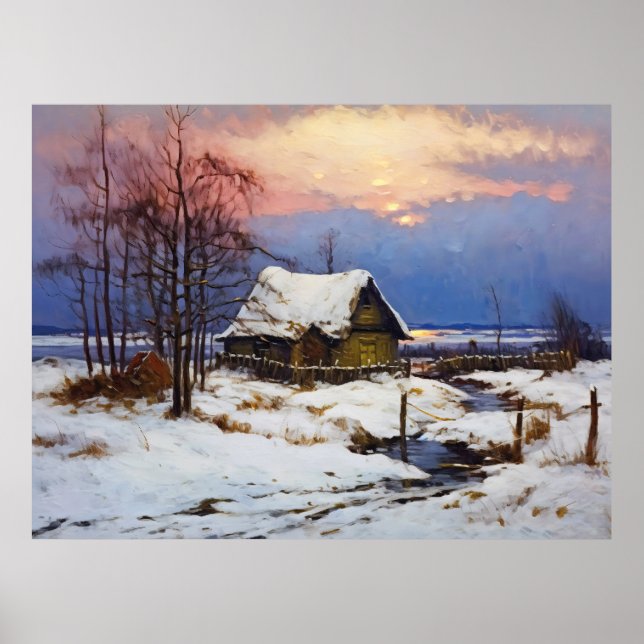 Póster Escena invernal tranquila: cabaña de cañas junto a (Frente)