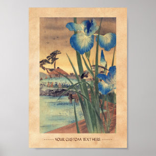 Póster Escena japonesa vintage ukiyo-e de iris azul y páj