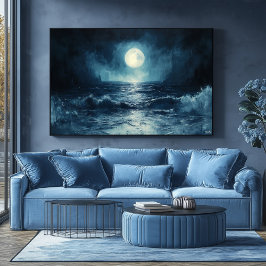 Póster Escena lunar del océano temperamental con olas que