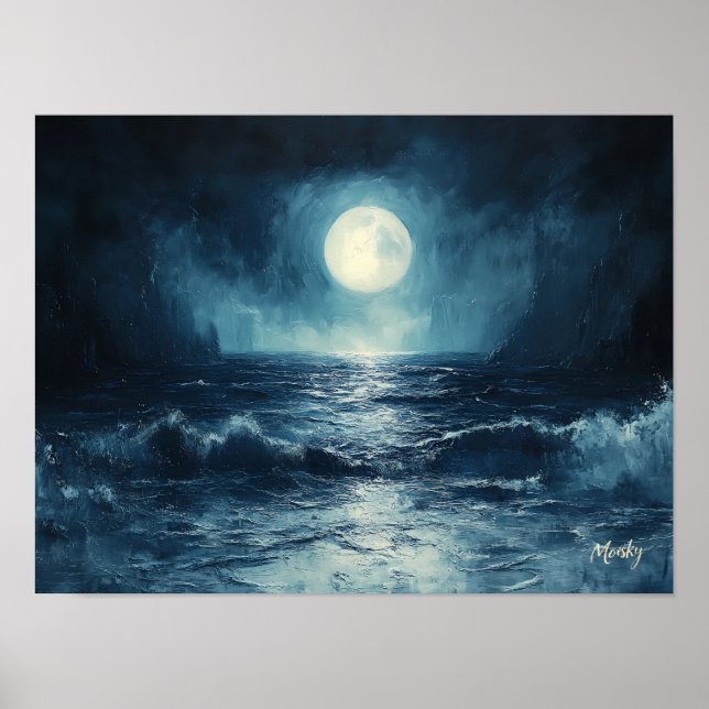 Póster Escena lunar del océano temperamental con olas que (Frente)
