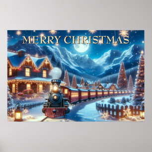 Póster Escena mágica de tren navideño invernal bajo la lu
