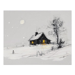 Póster Escena navideña invernal acogedora con muñeco de n