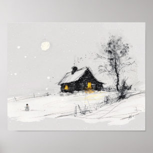 Póster Escena navideña invernal acogedora con muñeco de n