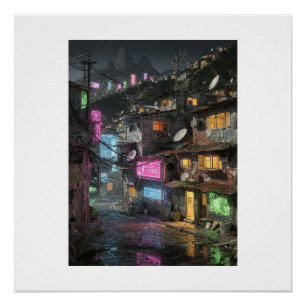 Póster Escena nocturna cyberpunk de Río de Janeiro, favel