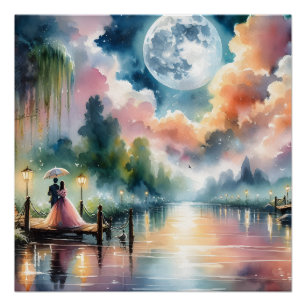 Póster Escena nocturna de acuarela bajo la luz de la luna