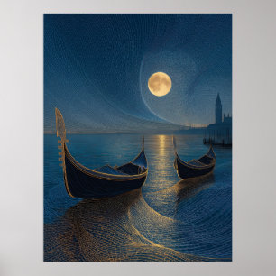 Póster Escena nocturna de góndolas venecianas bajo luna l