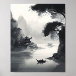 Póster Escena Que Muestra Un Paisaje Chino Y Un Barco