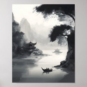Póster Escena Que Muestra Un Paisaje Chino Y Un Barco