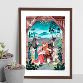 Póster Escena religiosa de la natividad azul, rojo Mary &