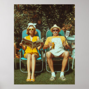 Póster Escena retro de barbacoa en el patio trasero con p
